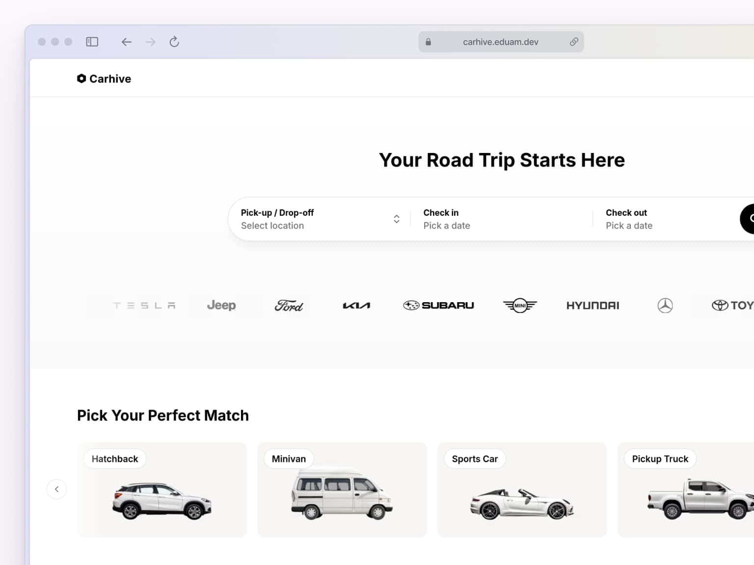 Carhive project screenshot showcasing the car rental interface